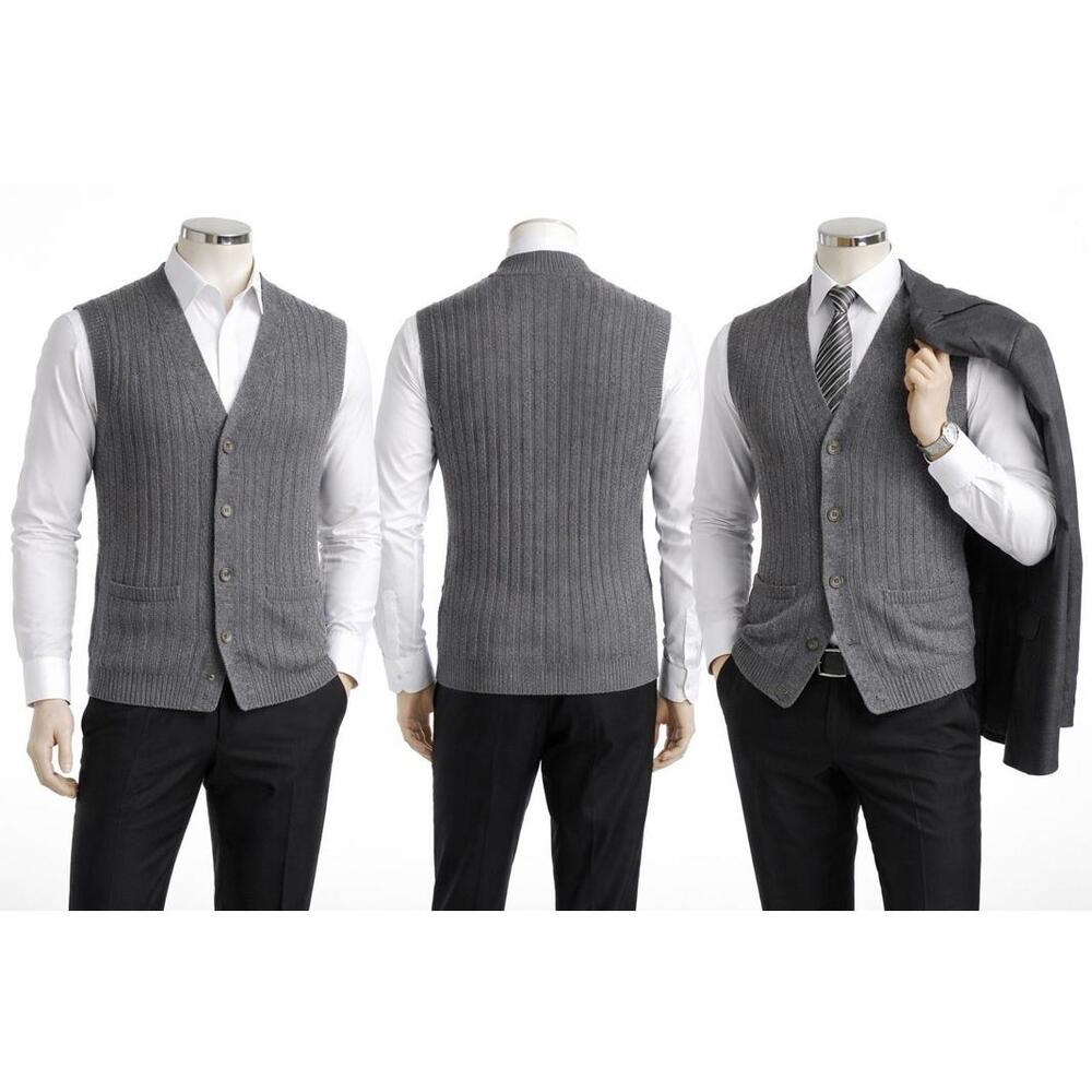 Vintage Y2K Haband Men’s Sweater Vest L Gray Knit Button Front Pockets Classic